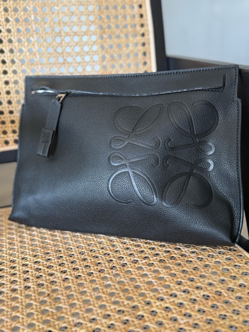 Black Embossed Logo Leather Clutch